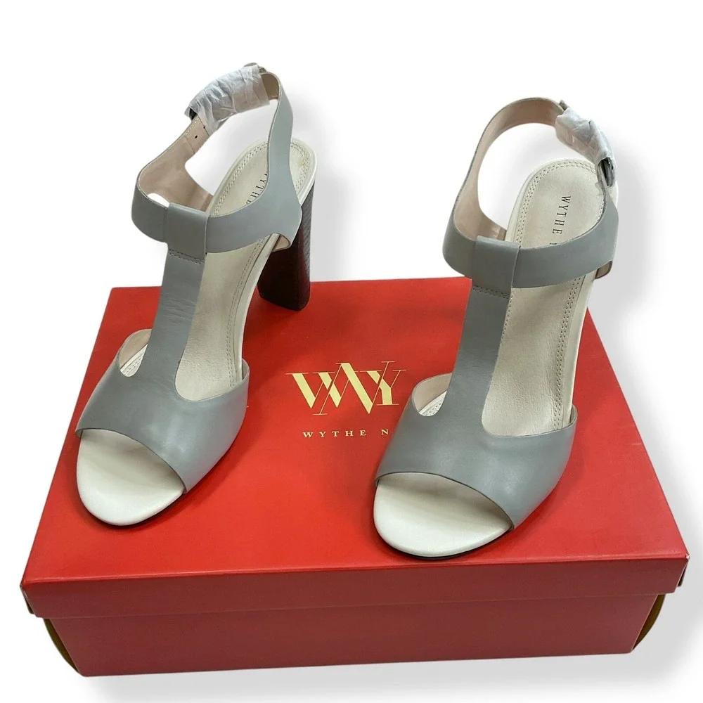 Wythe NY Women Size 8 (38) Gray Zander T Strap Sandals Chunky Heels Shoes NWB